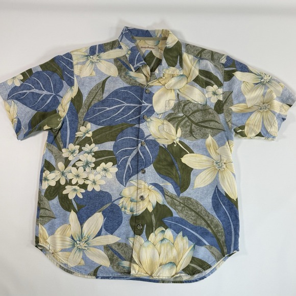 Men's Tommy Bahama 100% Silk Hawaiian Shirt Blue Green Large - Picture 1 of 5